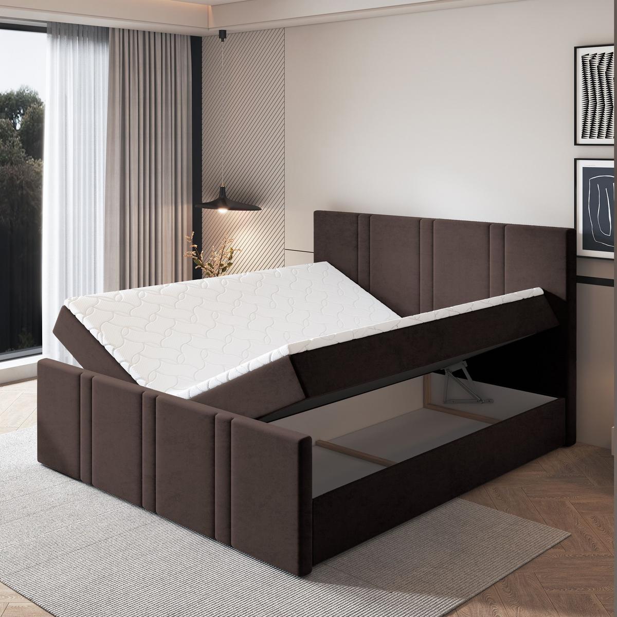 BOXBETT COMOZA 200x200 cm mit Matratze und Topper, H2+H3 - Braun - Braun, Holz (200/200cm) - MASSENO