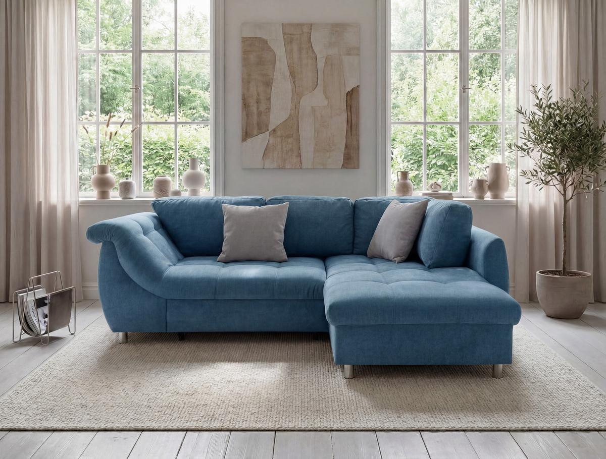 ECKSOFA mit Schlaffunktion, Bettkasten, Wellenunterfederung, Ottomane rechts B250/T190/H84 cm, Liegefl. 179x190 cm, Mikrofaser Blau / 17101 - Blau/Chromfarben, Textil/Metall (250/190cm) - luma-home