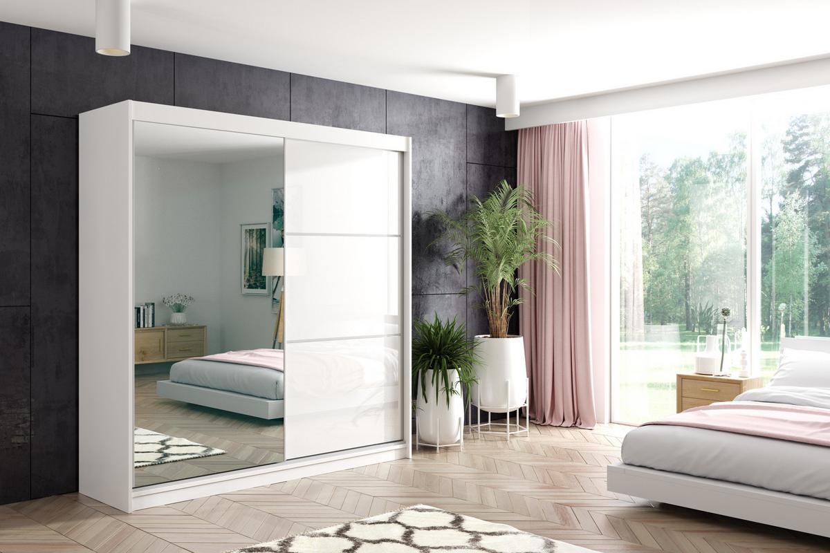 KLEIDERSCHRANK mit Spiegel-Schiebetüren und Aluminium-Leisten, LED-Beleuchtung - VIVI - 200 cm Weiß - Weiß, Holzwerkstoff (200/216/61cm) - ALTDECOR