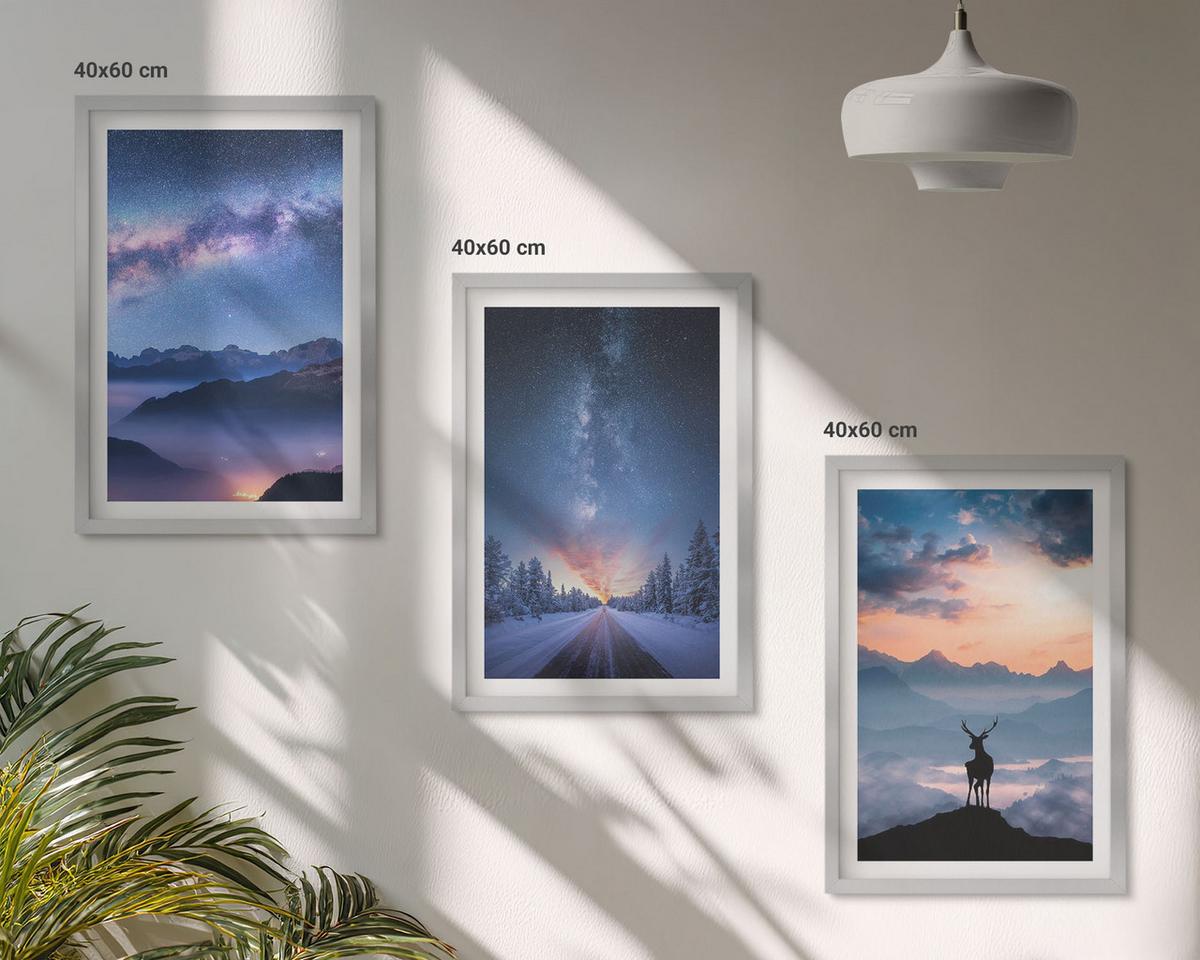 BILDER SET 3er Set - 40x60 cm Silberner Rahmen - Nachthimmel Berge Nebel Hirsch - Silberfarben, Kunststoff (40/60cm) - TULUP