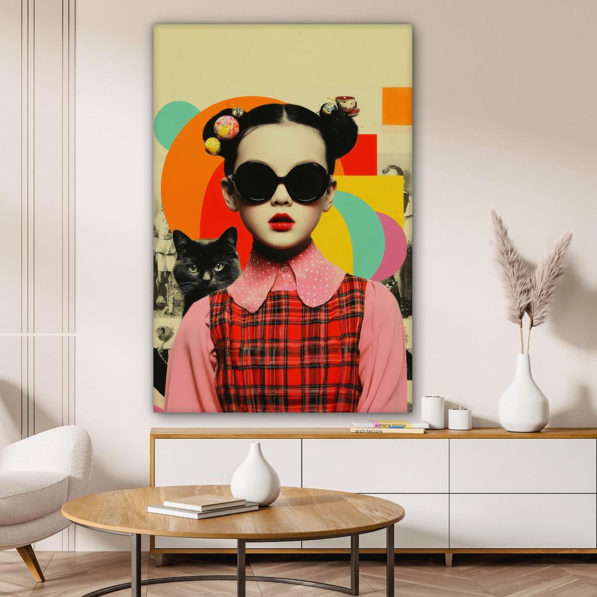 LEINWANDBILD Mädchen - Sonnenbrille - Katze - Retro Deko XXL 80x120 cm - Beige, Textil (80/120cm) - MuchoWow