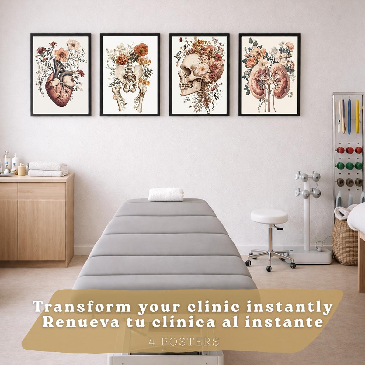 POSTER Set aus 4 Anatomie Drucke und Wandbilder mit Herz Nieren Schädel und Becken Botanischer Stil Wanddekoration Größe Schwarzer Rahmen A4 - Schwarz, Papier (21/29.7/3cm) - Nacnic