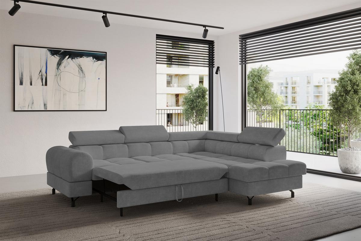 ECKSOFA mit Schlaffunktion Ottomane Rechts LUMA-L 272x203x70 Grau Velours - Schwarz/Grau, Holzwerkstoff/Kunststoff (203/272cm) - ALTDECOR