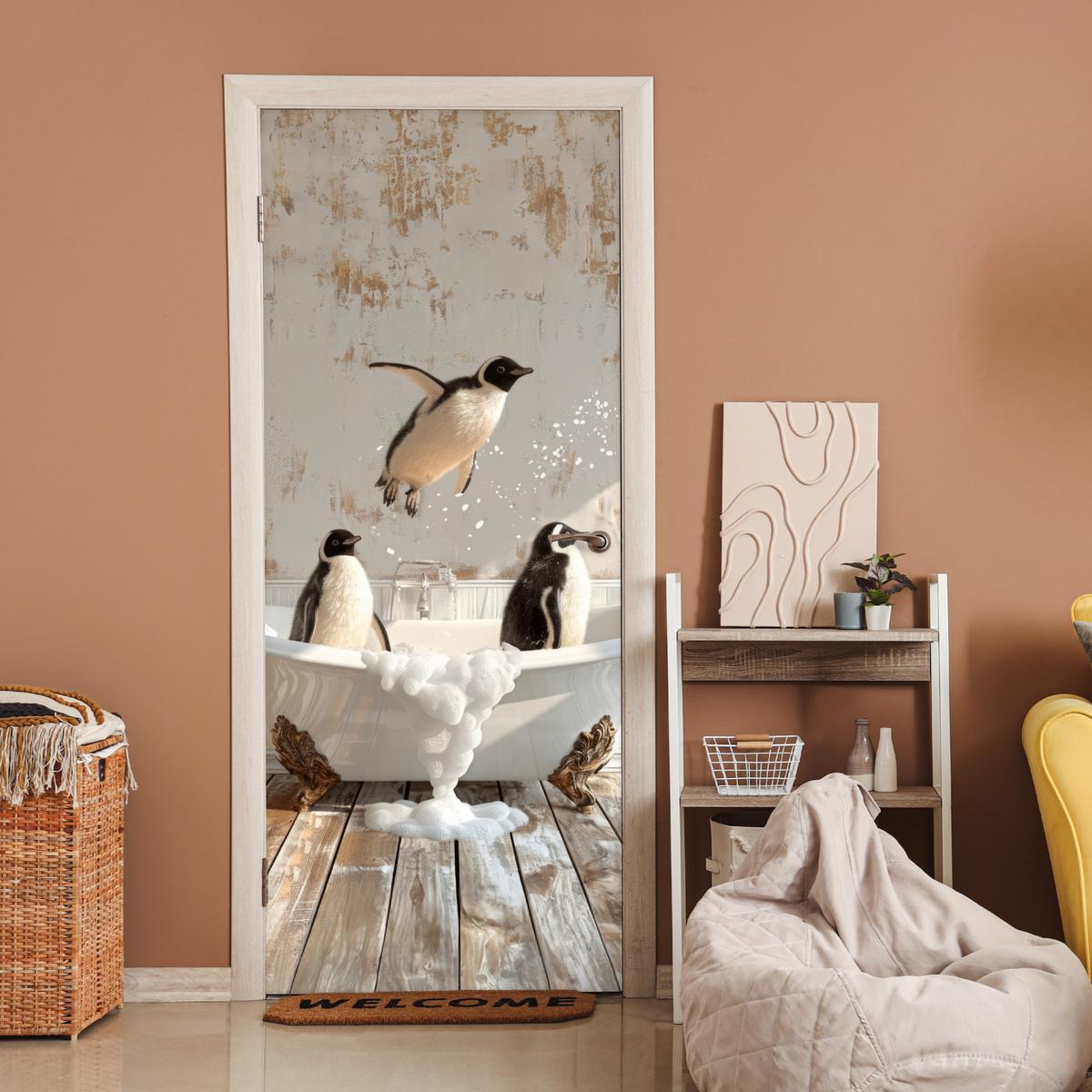 TÜRAUFKLEBER Vintage - Pinguin - Badewanne - Schaumstoff Fototapete 75x205 cm - Türtapete - Hellbraun, Kunststoff (75/0.1/205cm) - MuchoWow