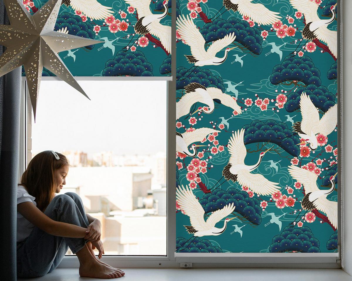 INNENROLLO - Fensterrollo - Rollo - 150x140 cm - Ein Kranichschwarm - Grün, Kunststoff (150/140/0.5cm) - TULUP