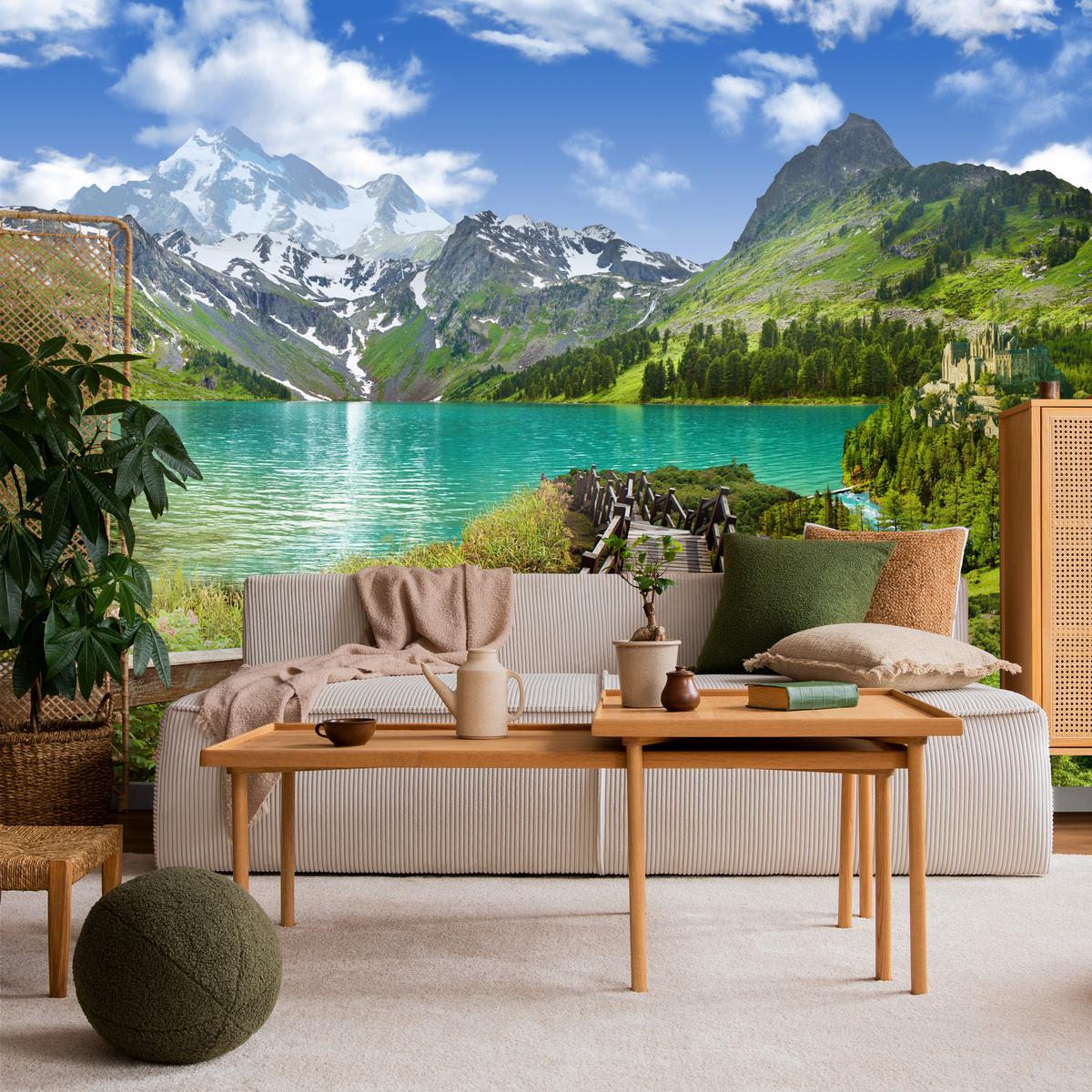 FOTOTAPETE für Wohnzimmer Holzsteg Bergsee Pflanzen Ruhe 200x140 - Türkis/Blau, Papier (200/140cm) - Muralo