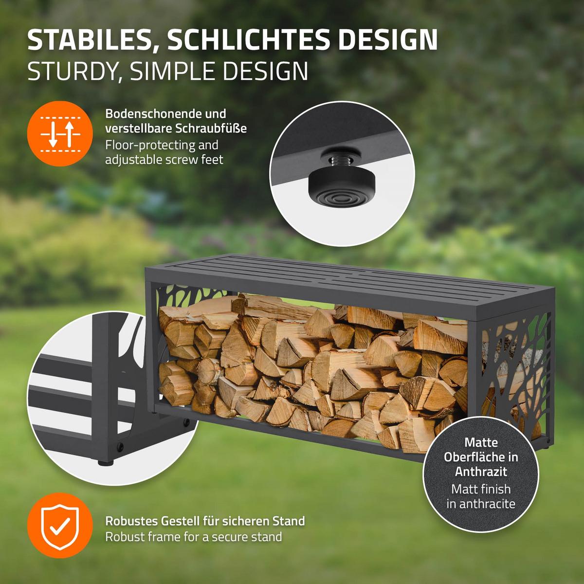 KAMINHOLZREGAL Innen/Aussen mit Sitzbank Metall Brennholzregal Anthrazit 120x38x43 cm Stahl Verzinkt Zweige-Motiv - Anthrazit, Metall (120/43/38cm) - ML-DESIGN