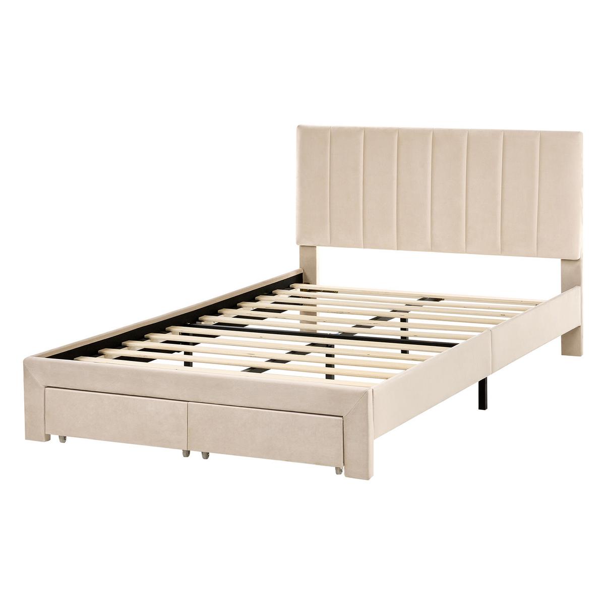 BETT mit Schubladen 120/200 cm Samtstoff Beige Lonzac - Beige, Textil (120/200cm) - Beliani