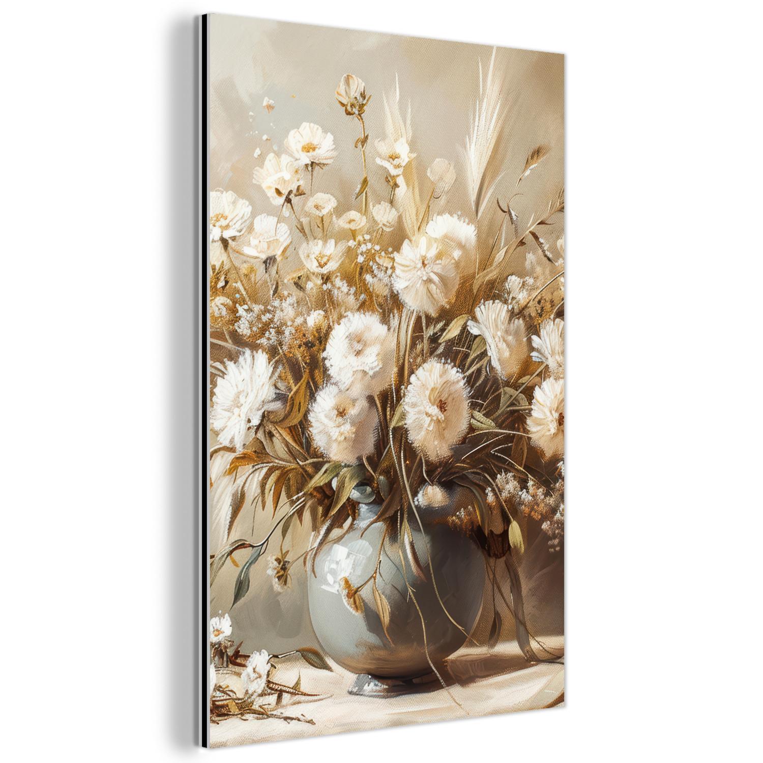 METALLBILD Blumen - Vase - Stilleben - Beige 80x120 cm - Creme, Metall (80/120cm) - MuchoWow
