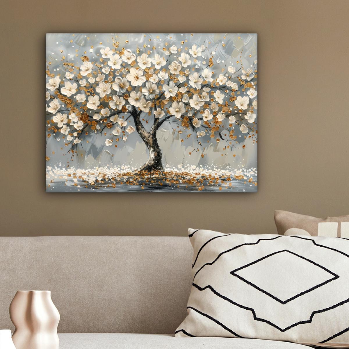 LEINWANDBILD Baum - Blumen - Weiß - Natur - Kunst Wandbild 40x30 cm - Weiß, Textil (40/30cm) - MuchoWow