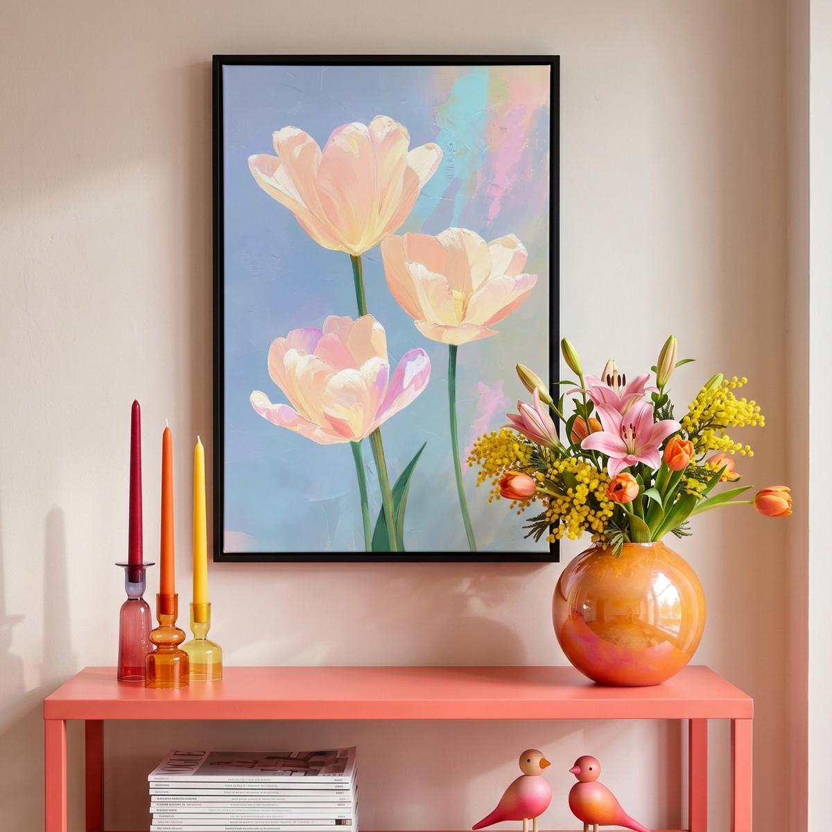 LEINWAND Bilder mit Rahmen - Tulpen - Rosa Akzente - Blau - 40x60 - Pastellblau, Textil (40/60cm) - MuchoWow