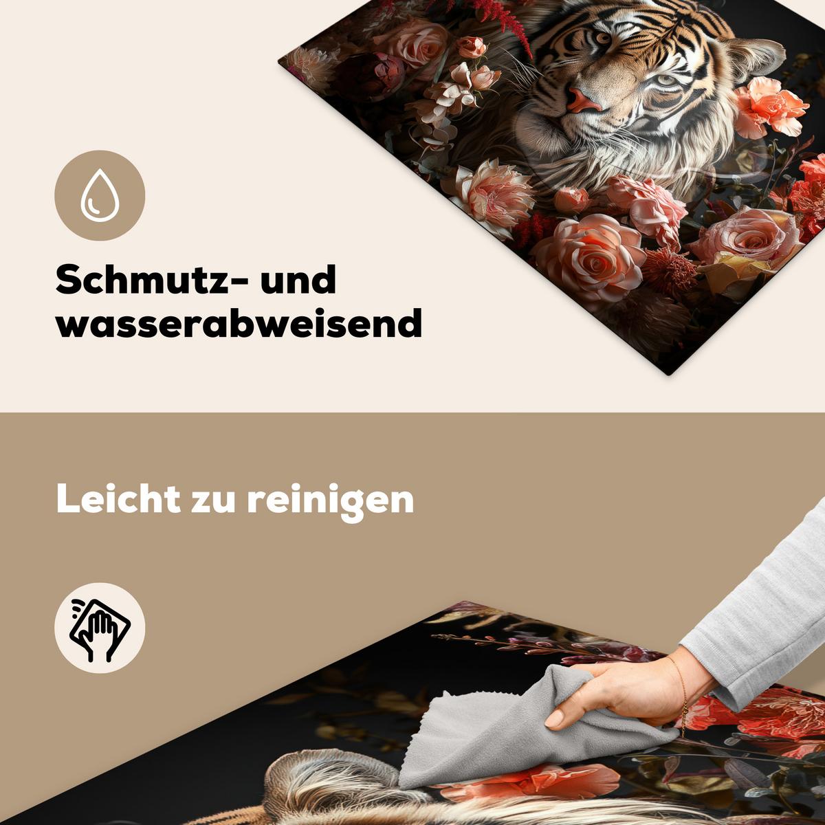 HERDABDECKPLATTE Tiger - Tier - Natur - Floral - Botanisch Induktionsmatte 71x52 cm - Orange, Kunststoff (71/52/0.2cm) - MuchoWow