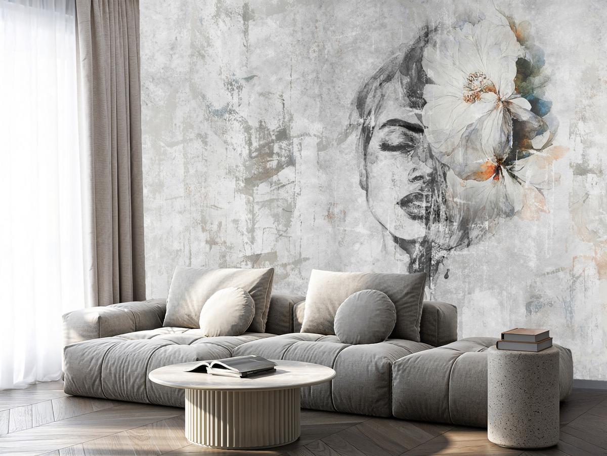 FOTOTAPETE für Schlafzimmer Frau Porträt Blume Beton Abstraktion 400x280 - Blau/Orange, Papier (400/280cm) - Muralo