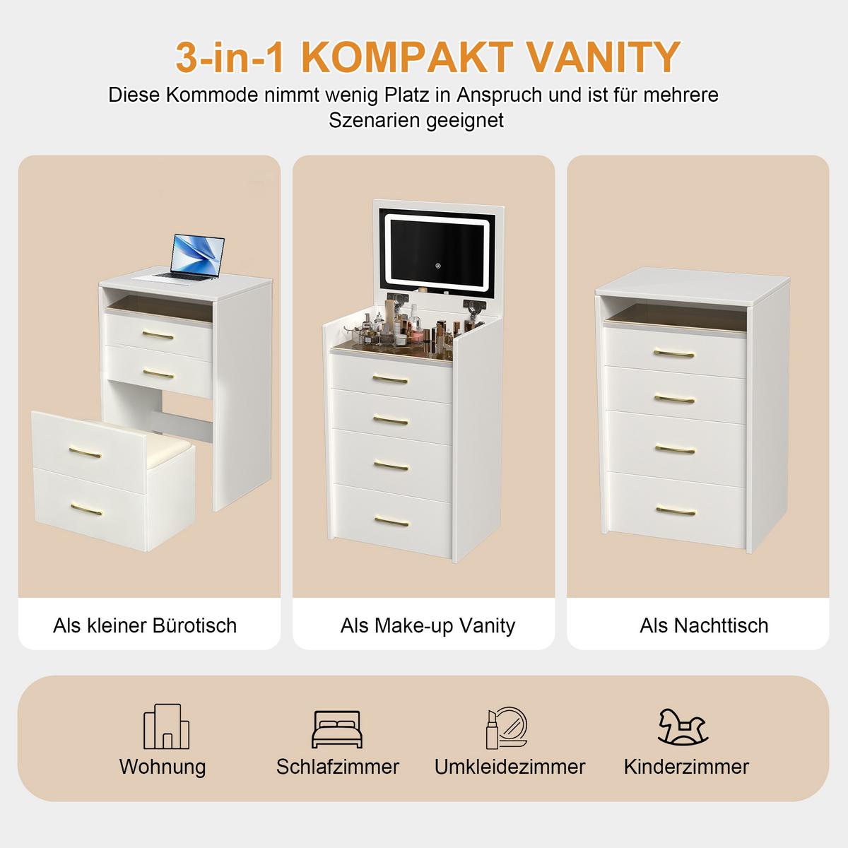SCHMINKTISCH 3-in-1 Nachttisch (60 cm) in Weiß mit Klappspiegel, Glasplatte & Hocker - Weiß, Holzwerkstoff (60/118/40cm) - Urban Meuble