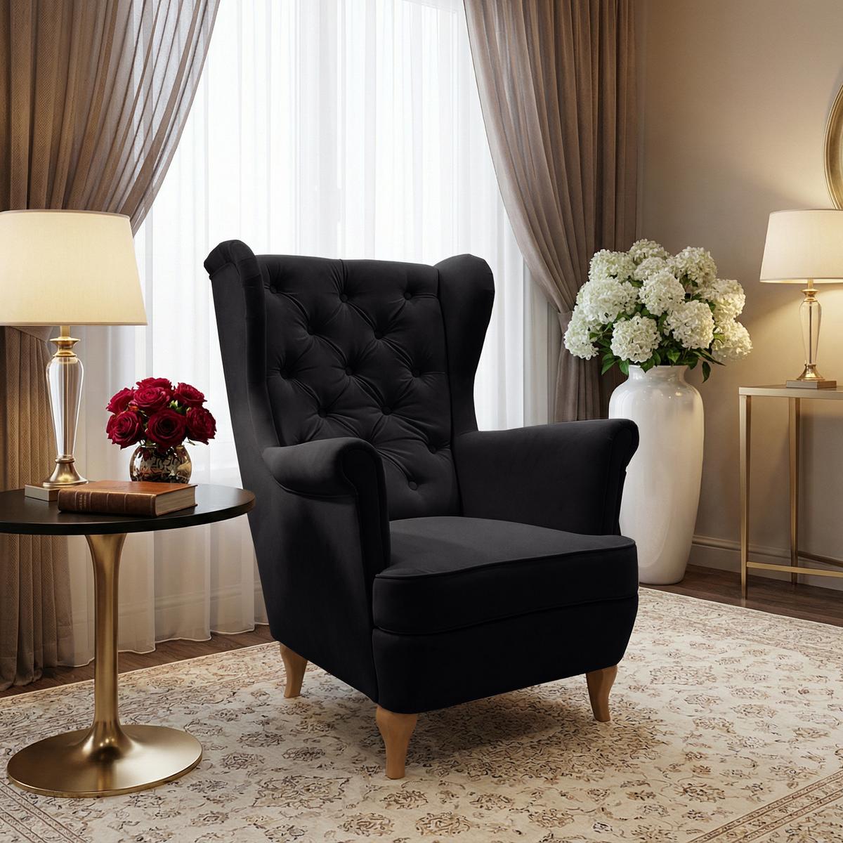 CHESTERFIELD-SESSEL Falco schwarz mit Holzbeinen - Buchefarben/Schwarz, Holz/Textil (82/102/92cm) - Beautysofa