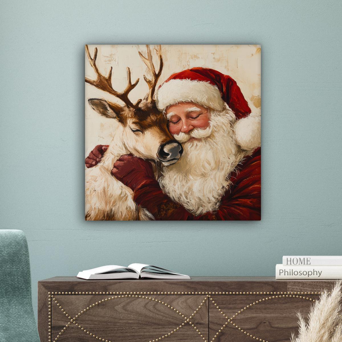 LEINWANDBILD Weihnachtsmann - Rentier - Weihnachten Wandbild Wohnzimmer 50x50 cm - Rotbraun, Textil (50/50cm) - MuchoWow