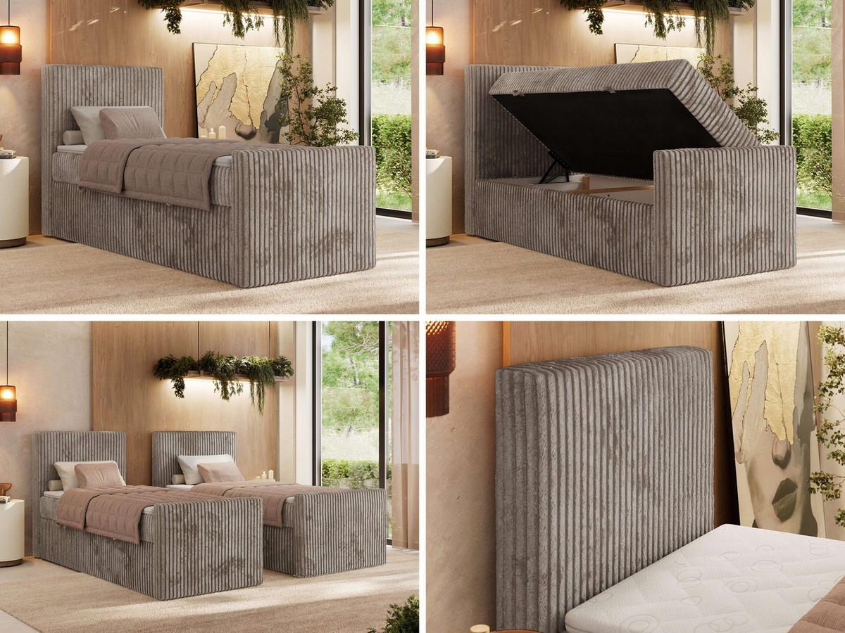 BOXBETT TILIANO DUO 90/200 - Hellbraun Cord - H3 - Topper Visco - Links Seite - Hellbraun, Textil (200/90cm) - MKS