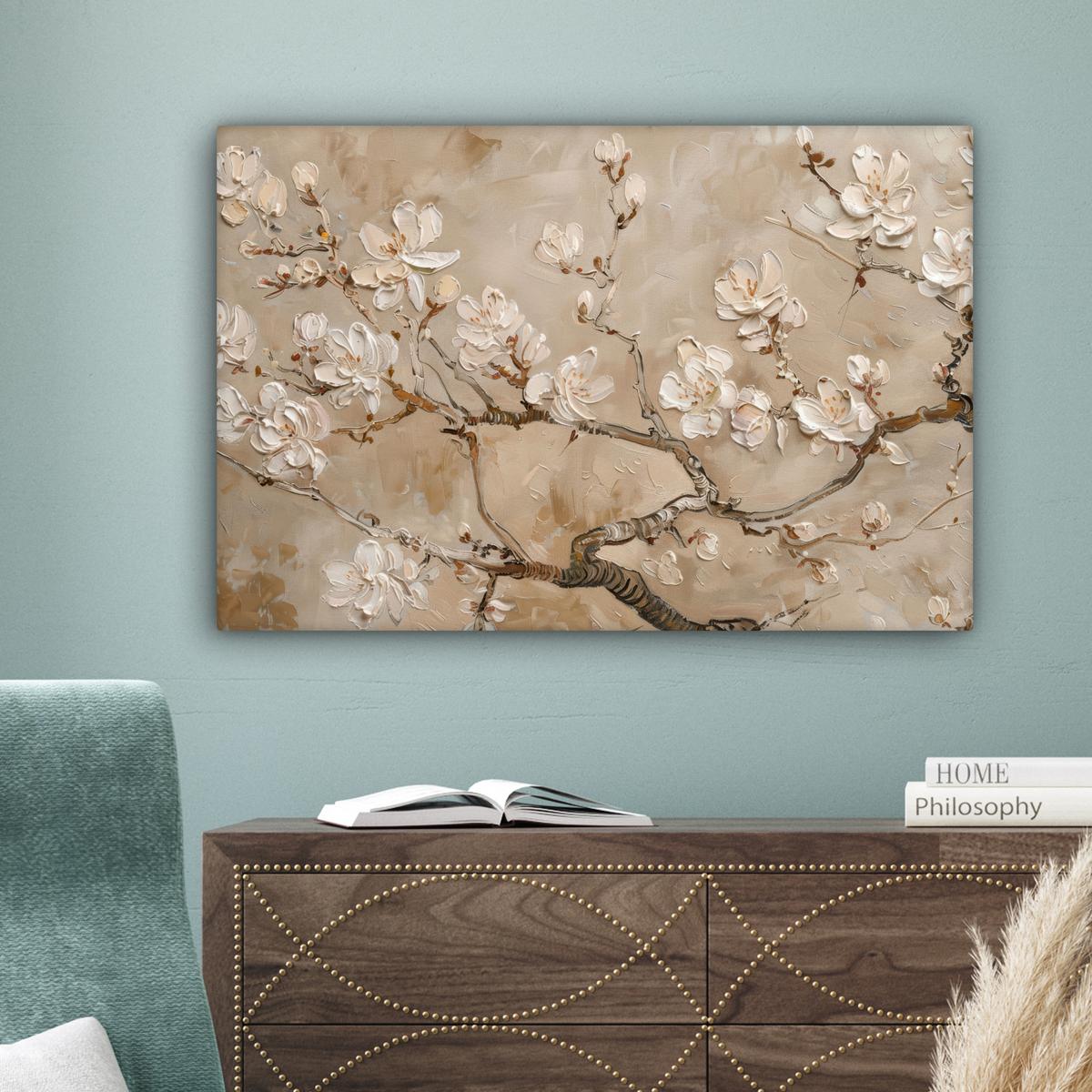 LEINWANDBILD Blumen - Modern - Beige - Weiß - Blüte Gemälde 60x40 cm - Beige, Textil (60/40cm) - MuchoWow