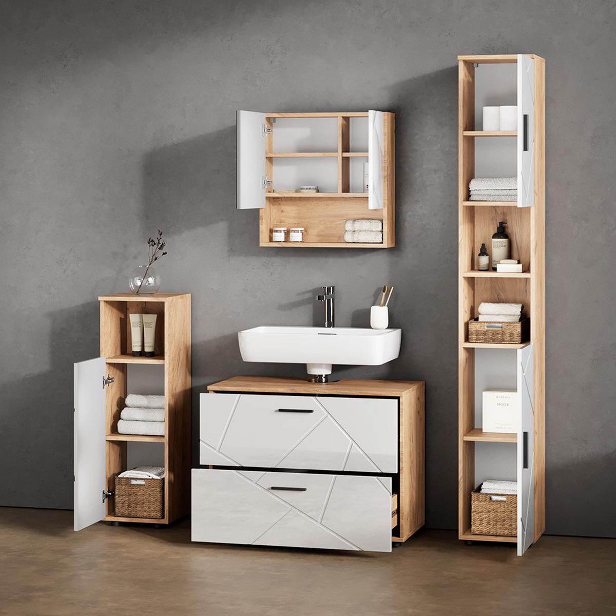 BADMÖBEL-SET Ronco Weiß Hochglanz/Goldkraft Eiche 4 Teile, mit Schubladenschrank und Hochschrank - Honigeiche/Weiß Hochglanz, Holzwerkstoff (80/58/41cm) - Livinity®