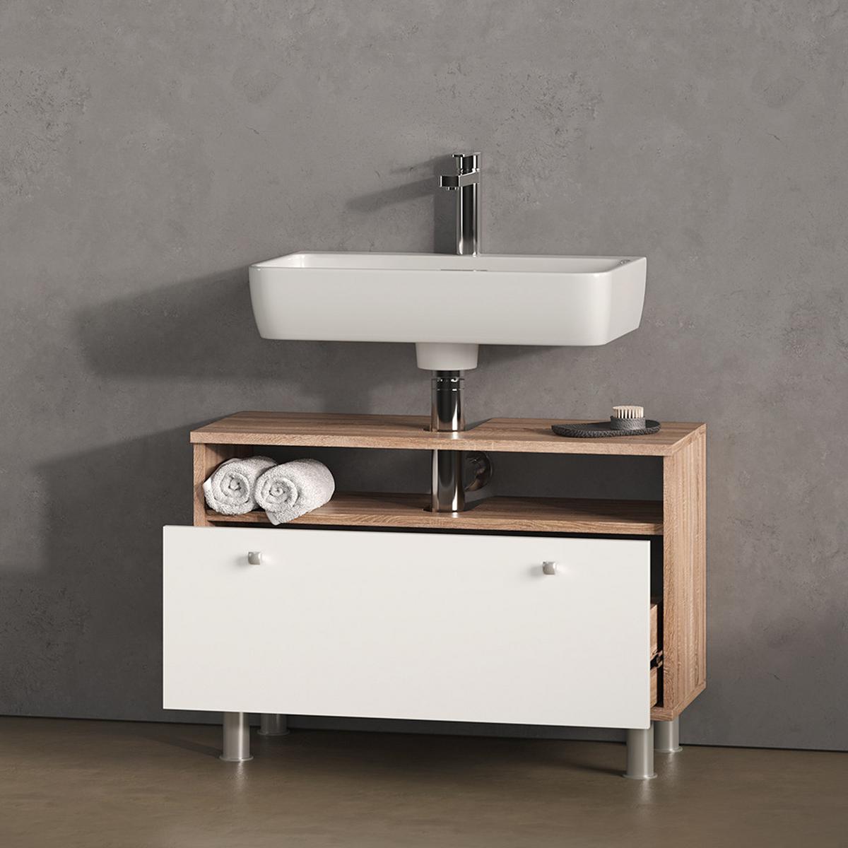 WASCHBECKENUNTERSCHRANK Fucino Sonoma/Weiß 80.2 x 54 cm mit Schublade - Weiß/Sonoma Eiche, Holzwerkstoff (80.2/54/32cm) - Livinity®