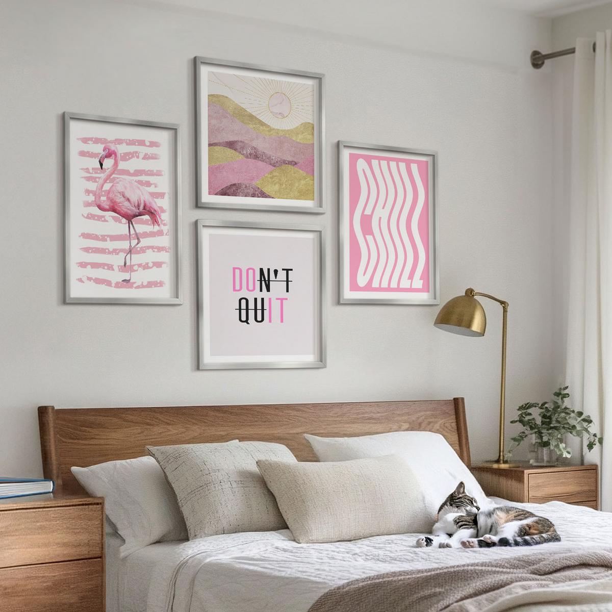 BILDER SET 4er Set - 50x50 cm & 40x60 cm Silberner Rahmen - Pastellfarbene Berglandschaft mit rosa Flamingos - Silberfarben, Kunststoff (50/50cm) - TULUP
