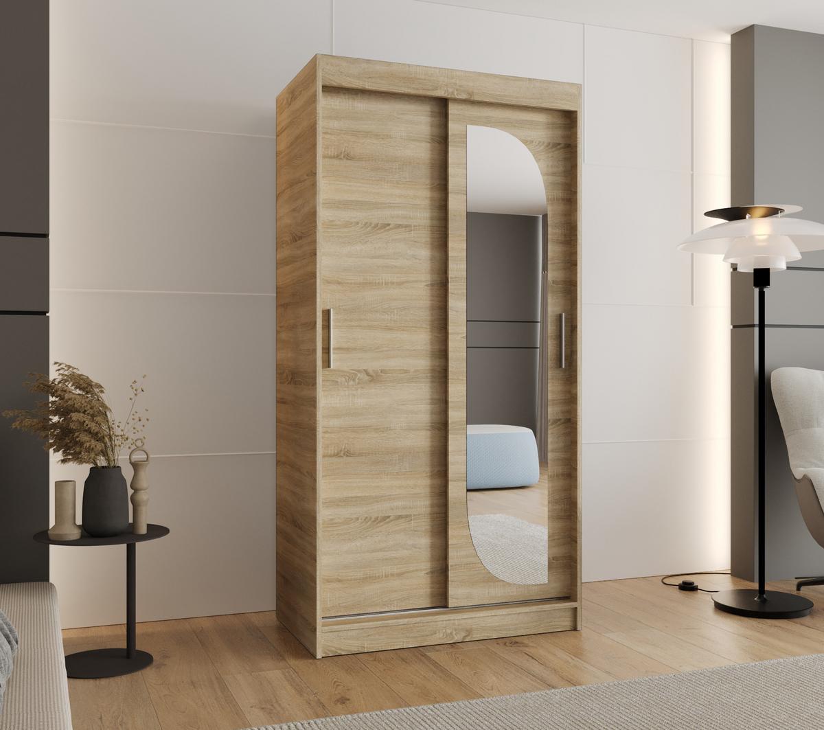 SCHIEBETÜRENSCHRANK mit Spiegel LUCY 200/100/62 2-türig - Silberfarben/Sonoma Eiche, Holz (100/200/62cm) - MÖBEL KRYSPOL