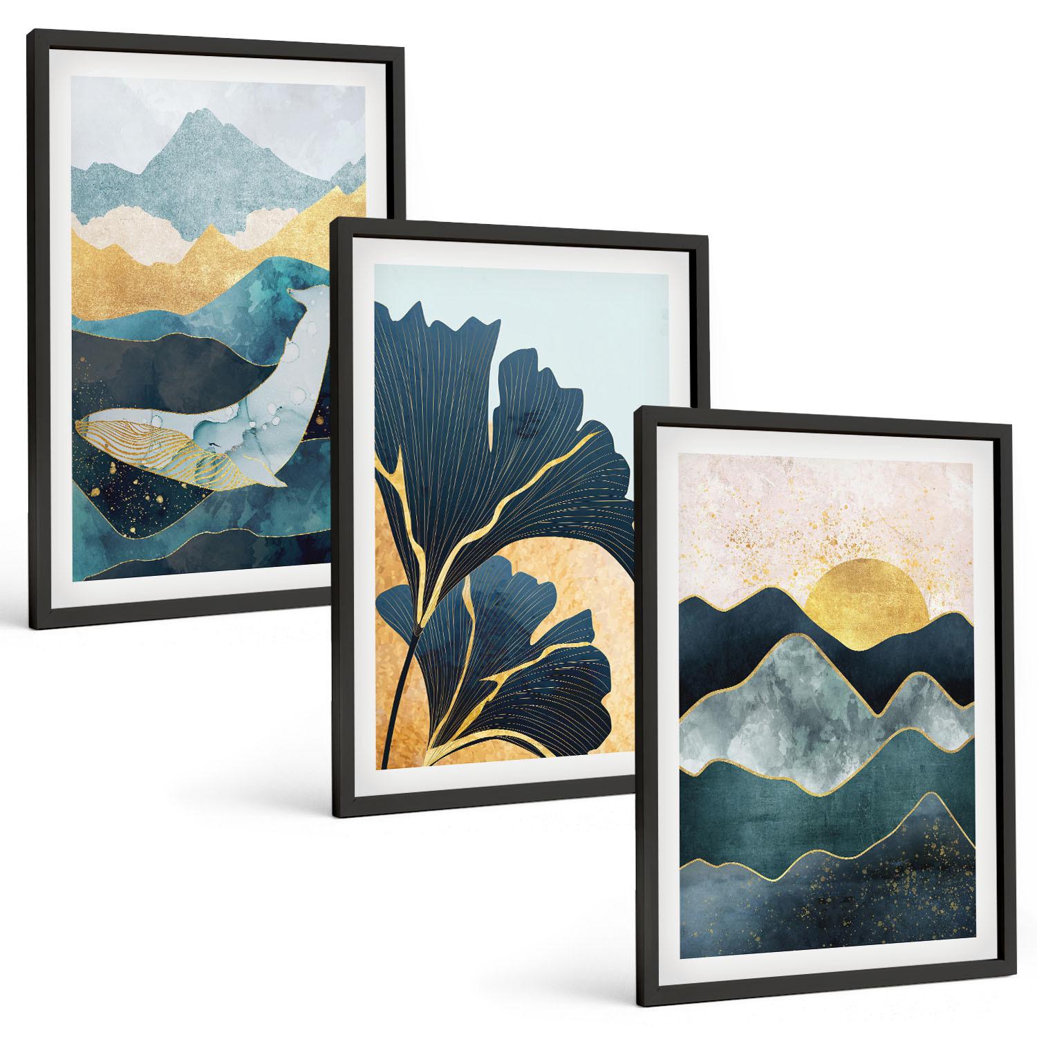 BILDER SET 3er Set - 40x60 cm Schwarzer Rahmen - Abstrakte Bergansichten - Schwarz, Kunststoff (40/60cm) - TULUP