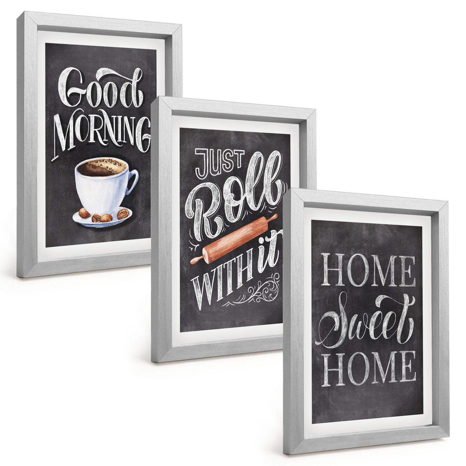 BILDER SET 3er Set - 20x30 cm Silberner Rahmen - Motive und Inschriften für die Küche - Silberfarben, Kunststoff (20/30cm) - TULUP