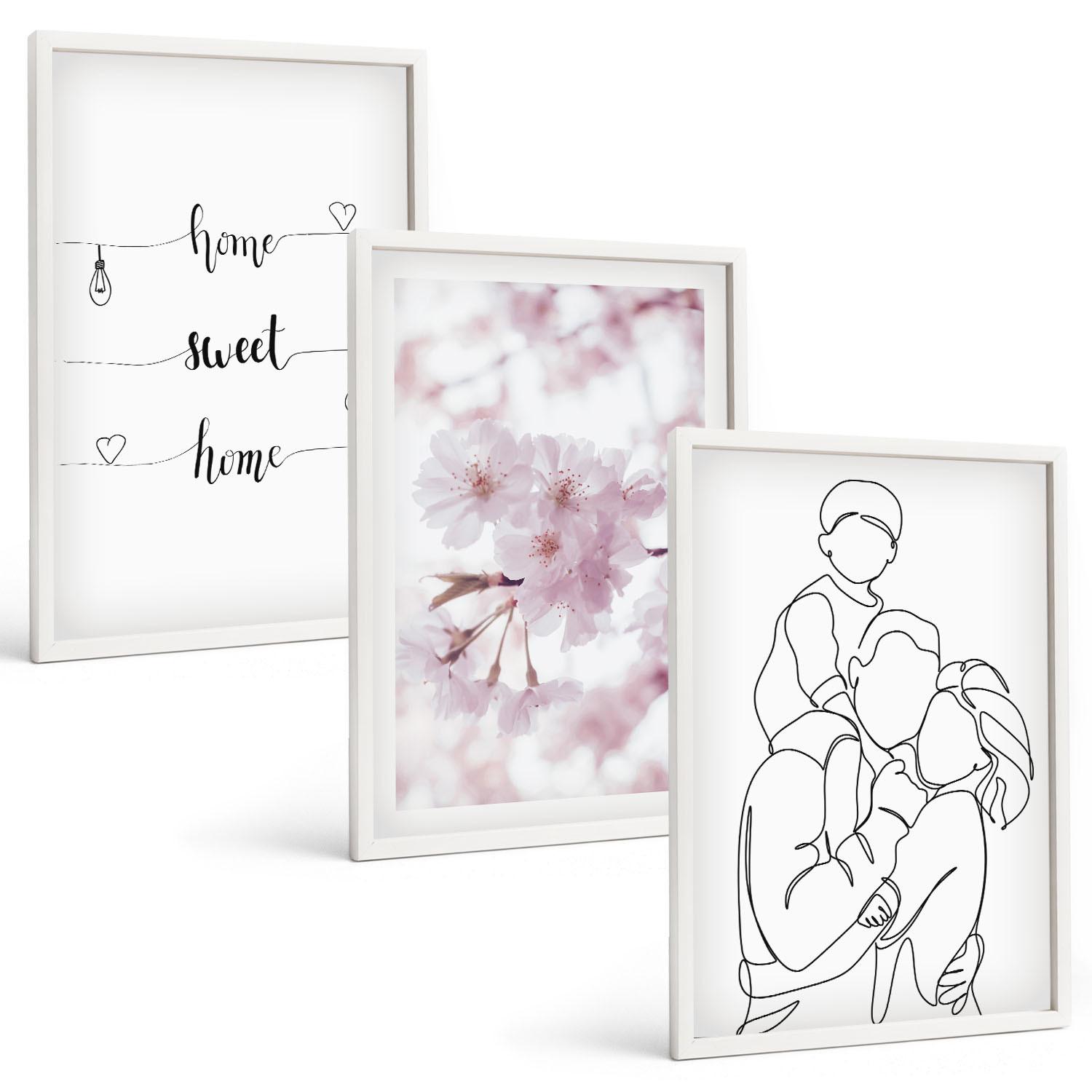 BILDER SET 3er Set - 40x60 cm Weißer Rahmen - Blumenfamilie minimalistisch - Weiß, Kunststoff (40/60cm) - TULUP