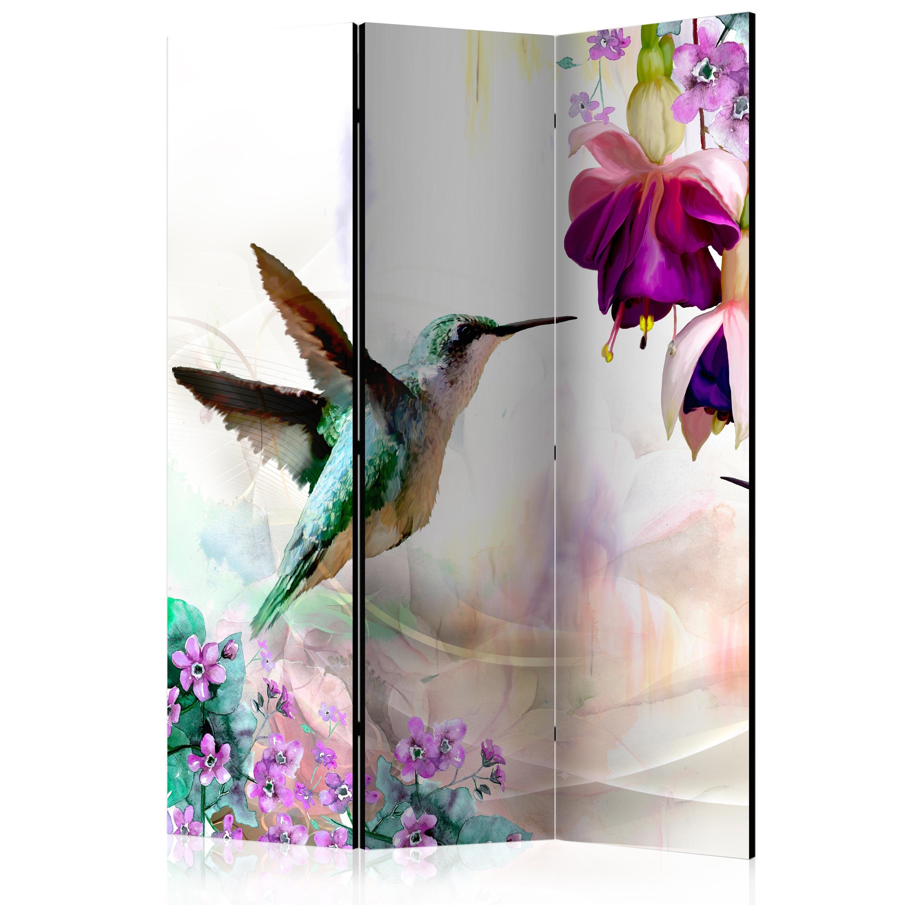 PARAVENT Beidseitig Bedruckter 3-tlg 135x172 cm Kolibri Blumen Natur - Multicolor, Holz/Textil (135/172/3cm) - Muralo