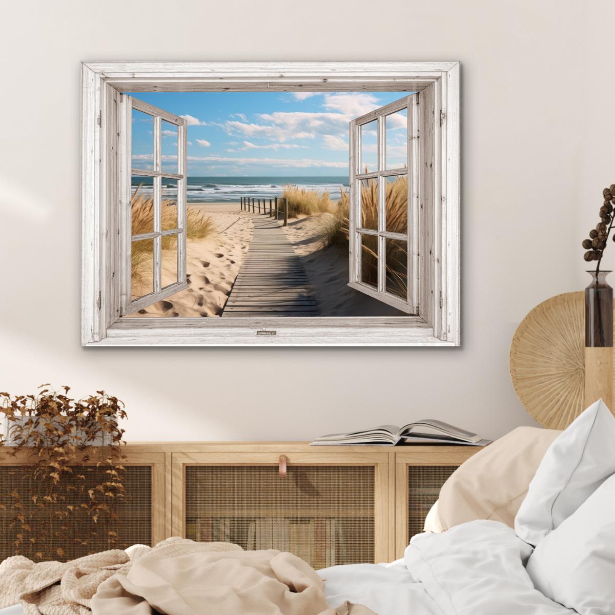 METALLBILD Fenster - Meer - Küste - Natur - Ausblick - Strand - Wattenmeer 80x60 cm - Beige, Metall (80/60cm) - MuchoWow