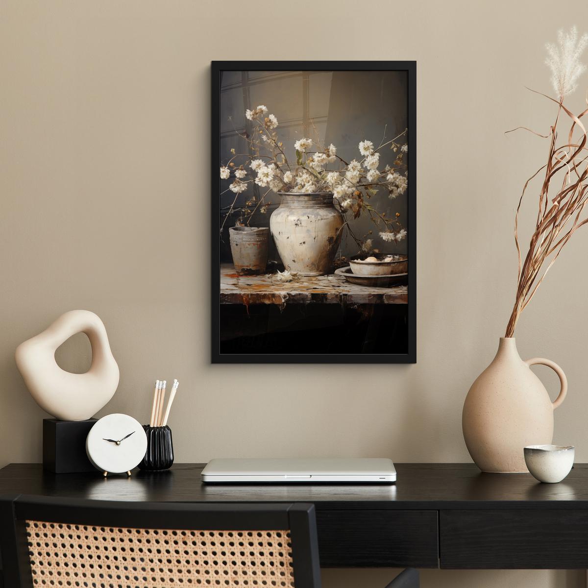 POSTER MIT RAHMEN Stilleben - Blumen - Blumenstrauß - Vase - Wein Bilder mit Rahmen 40x60 cm - Schwarz, Papier (40/60cm) - MuchoWow
