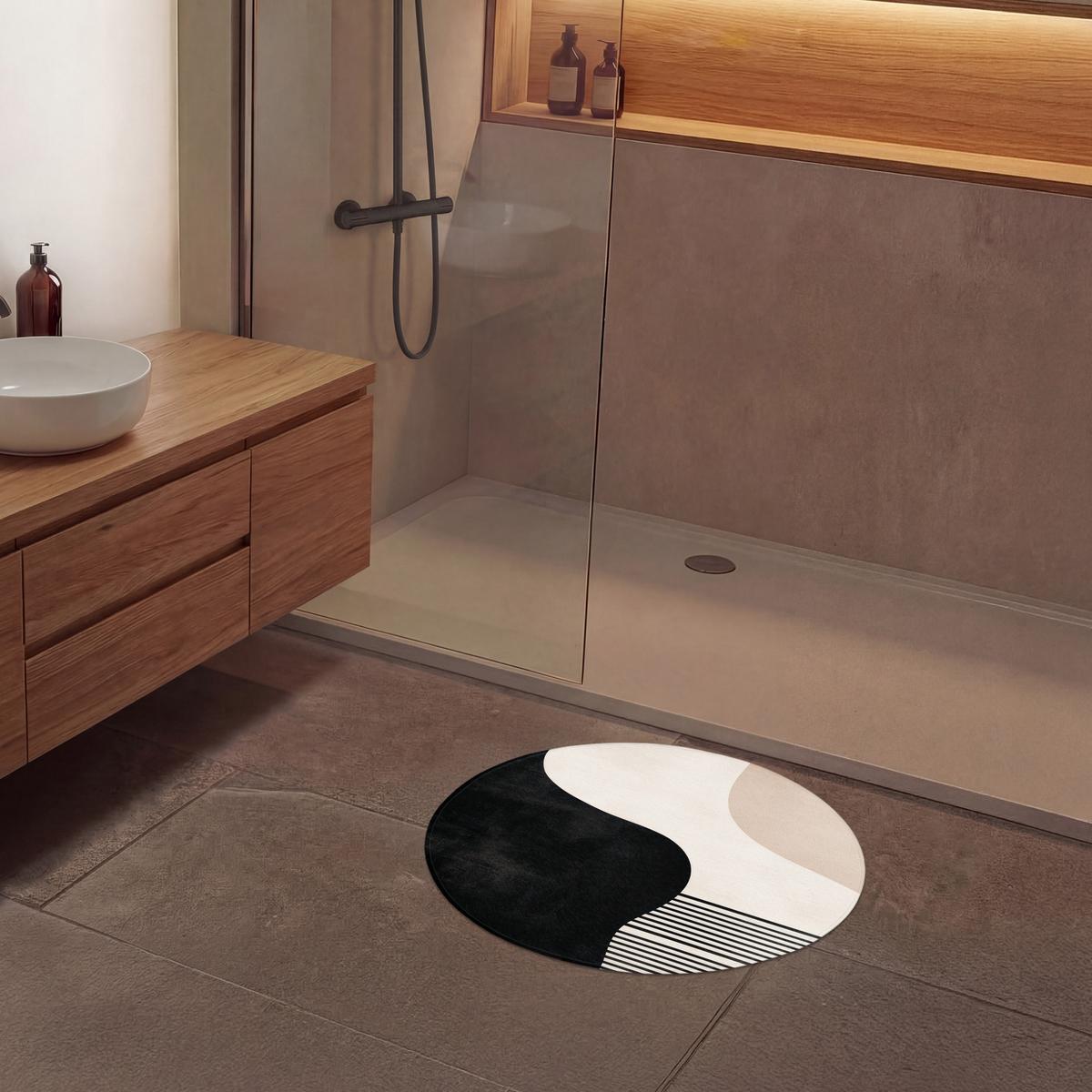 BADEMATTE Abstrakt - Japandi - Beige - Modern Badvorleger 70x70 cm - Beige/Schwarz, Textil (70/70cm) - OnlyWow