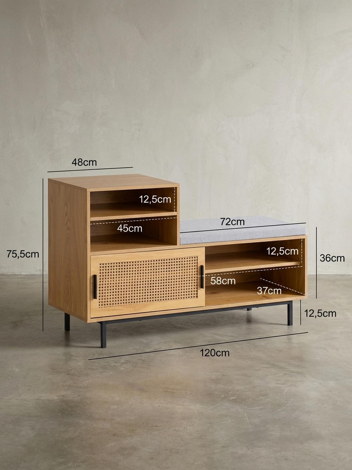 SCHUHBANK – Eiche-Dekor, 120x75,5x40 cm, Rattan-Elemente, Sitzbank gepolstert - Schwarz/Braun, Textil/Metall (120/76/40cm) - KADIMA DESIGN