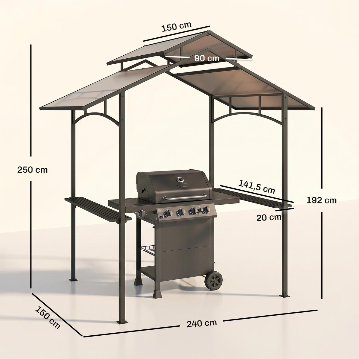 GRILLPAVILLON mit Flammschutzdach 2,5 x 1,5m BBQ-Pavillon mit 2 Ablagen Stahl PC - Schwarz, Metall (150/250/240cm) - Outsunny