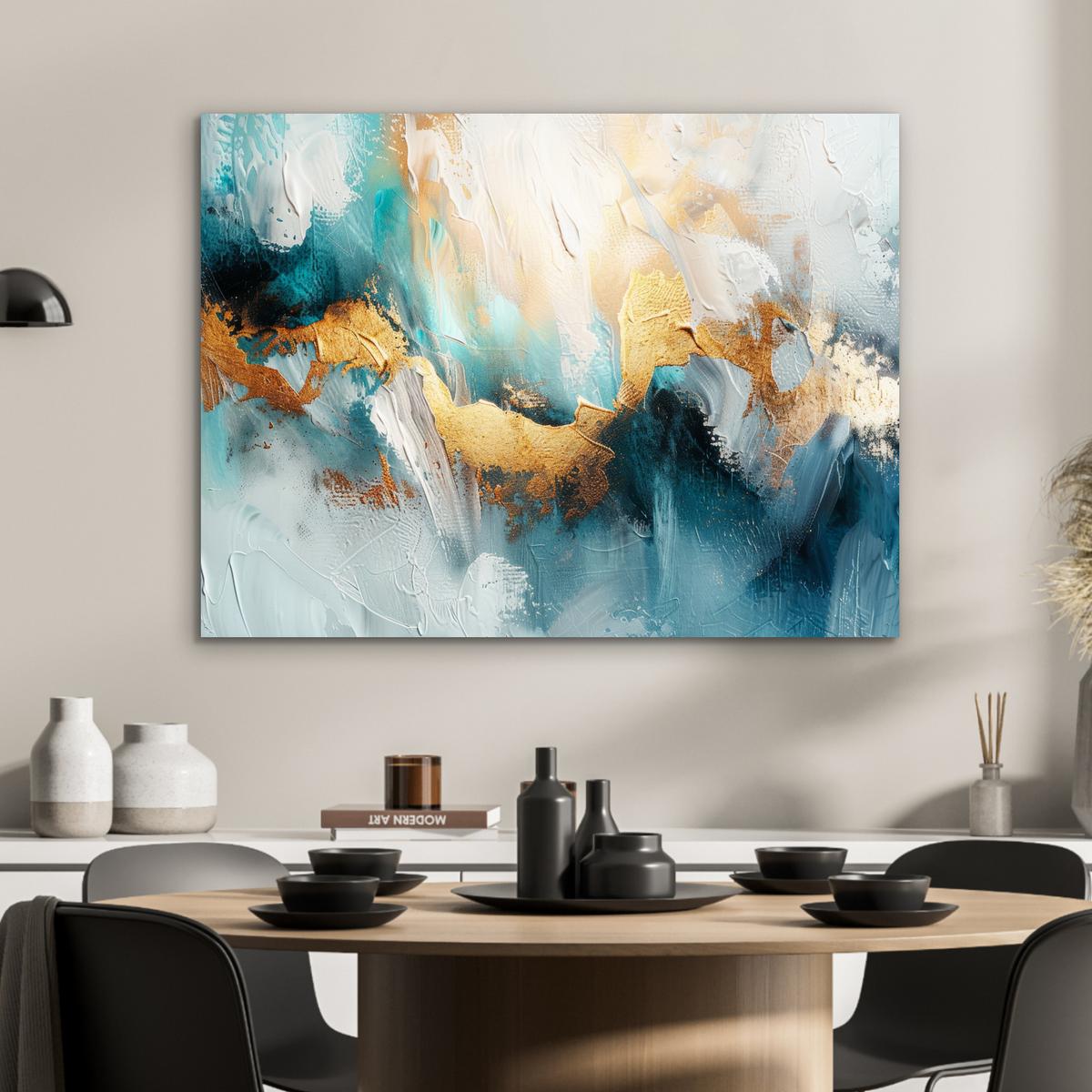 METALLBILD Abstrakt - Kunst - Gold - Blau 80x60 cm - Petrol, Metall (80/60cm) - MuchoWow