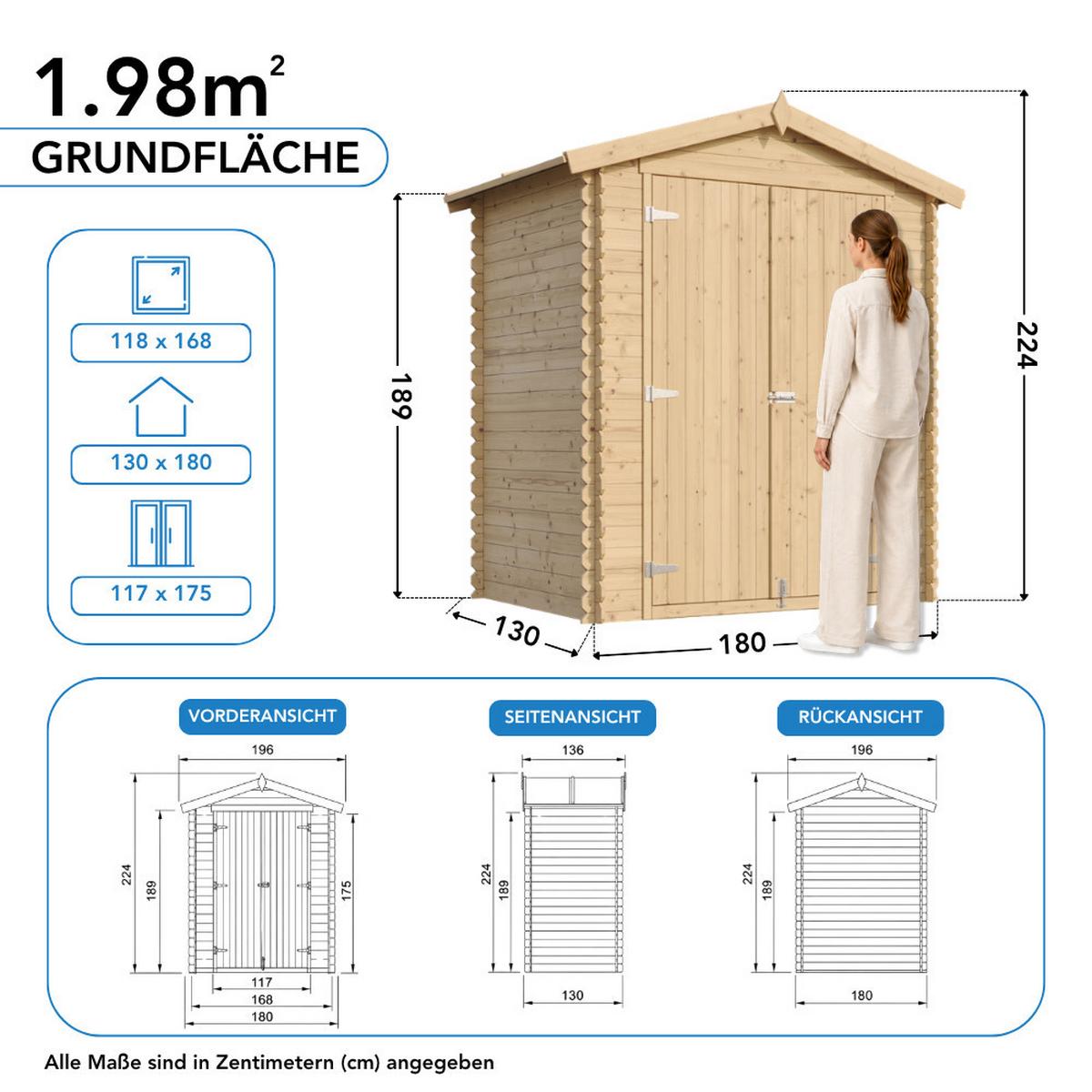 GARTENHAUS HOLZ M367C1+M367G 1,98 m² - Naturfarben, Holz (196/224/136cm) - Timbela