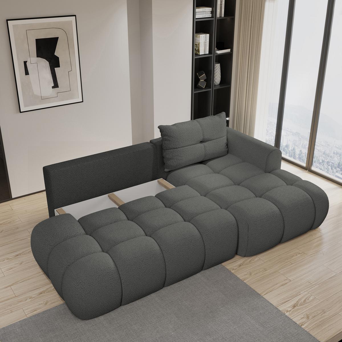 ECKSOFA FLUMA R-S Grau Boucle-Stoff mit Schlaffunktion - Grau, Holz (279/158cm) - MASSENO