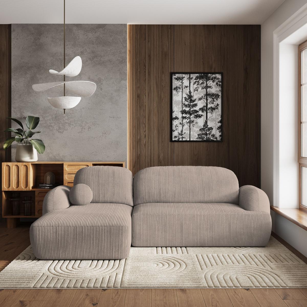 ECKSOFA MODENZA P L-S Beige Kordstoff mit Schlaffunktion - Beige/Schwarz, Holz/Kunststoff (266/148cm) - MASSENO