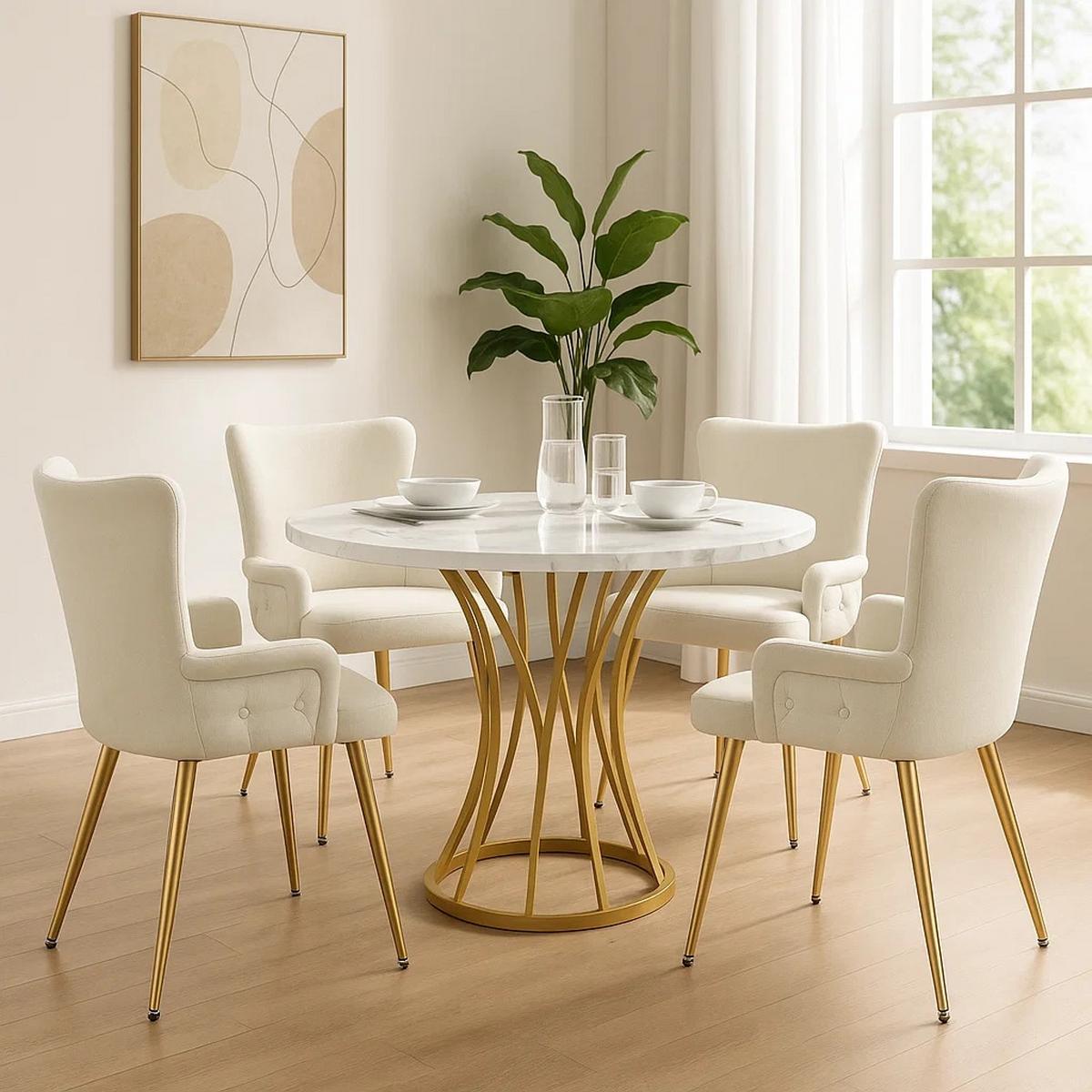 ESSTISCH SET mit 4 Stühlen, Weißer Marmoroptik und Goldenes Gestell - Beige, Holzwerkstoff/Textil (80/76/80cm) - Urban Meuble