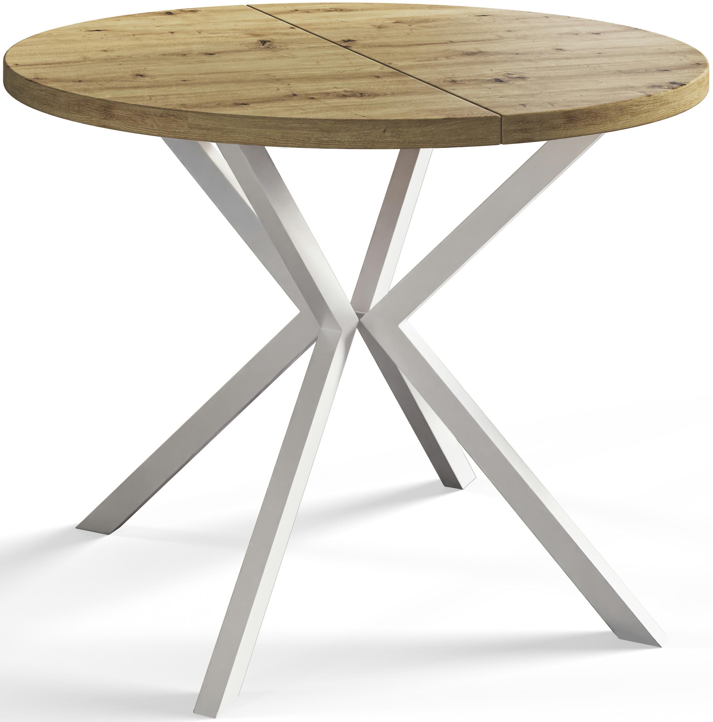 RUNDER Esszimmertisch LOFT LITEN, ausziehbarer Tisch Durchmesser: 120 cm/200 cm, Wohnzimmertisch Farbe: Mattbraun, mit Metallbeinen in Farbe Weiß - Hellbraun/Weiß, Holzwerkstoff (120/120/76cm) - Alpi-Möbel
