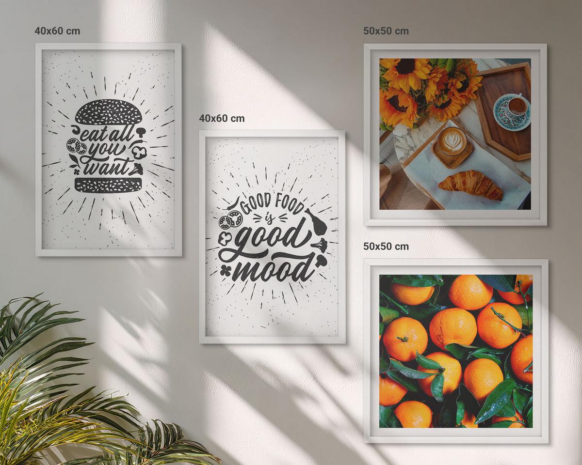BILDER SET 4er Set - 50x50 cm & 40x60 cm Weißer Rahmen - Juicy Oranges Kitchen - Weiß, Kunststoff (50/50cm) - TULUP