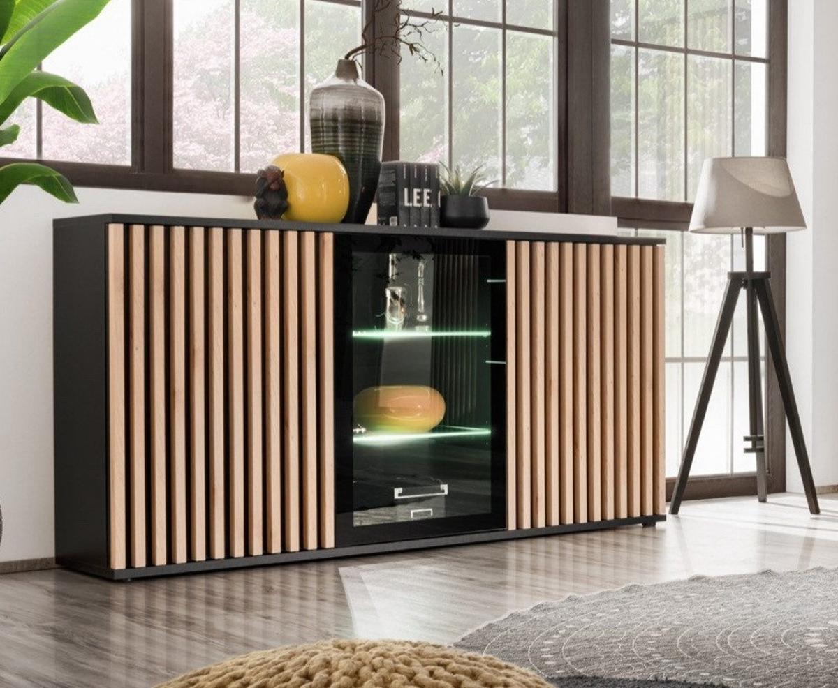 SIDEBOARD schwarz, Eiche Jackson 163 cm, Kommode mit Beleuchtung - Eichefarben/Schwarz, Glas/Holzwerkstoff (160/92/40cm) - Furn.Design