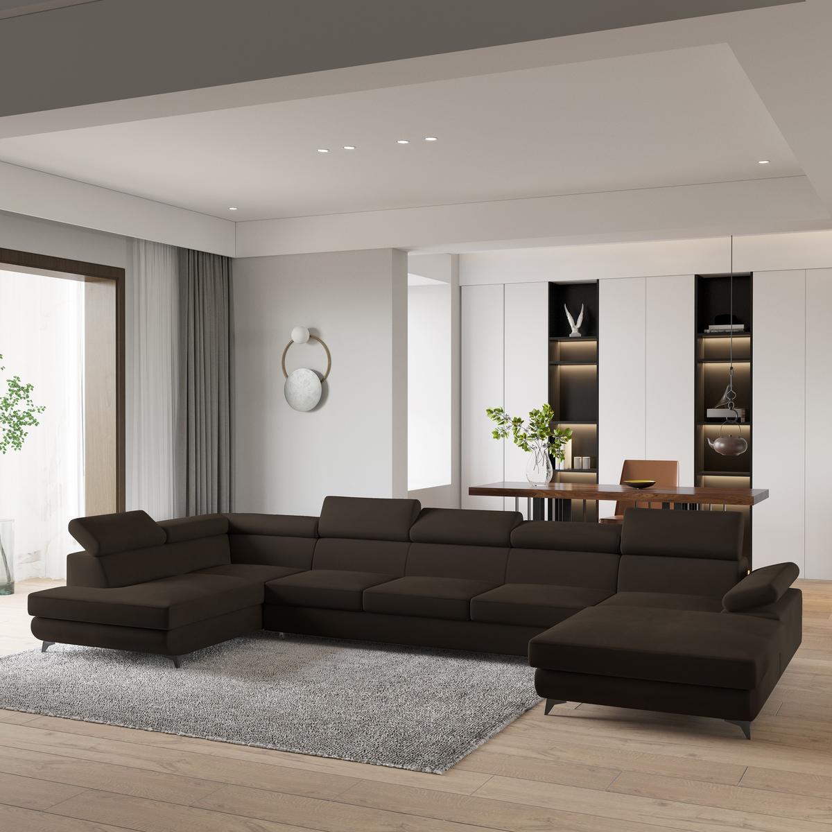 WOHNLANDSCHAFT MONTIVA Braun Velours-Stoff mit Schlaffunktion - Braun, Holz (410/89/190cm) - MASSENO