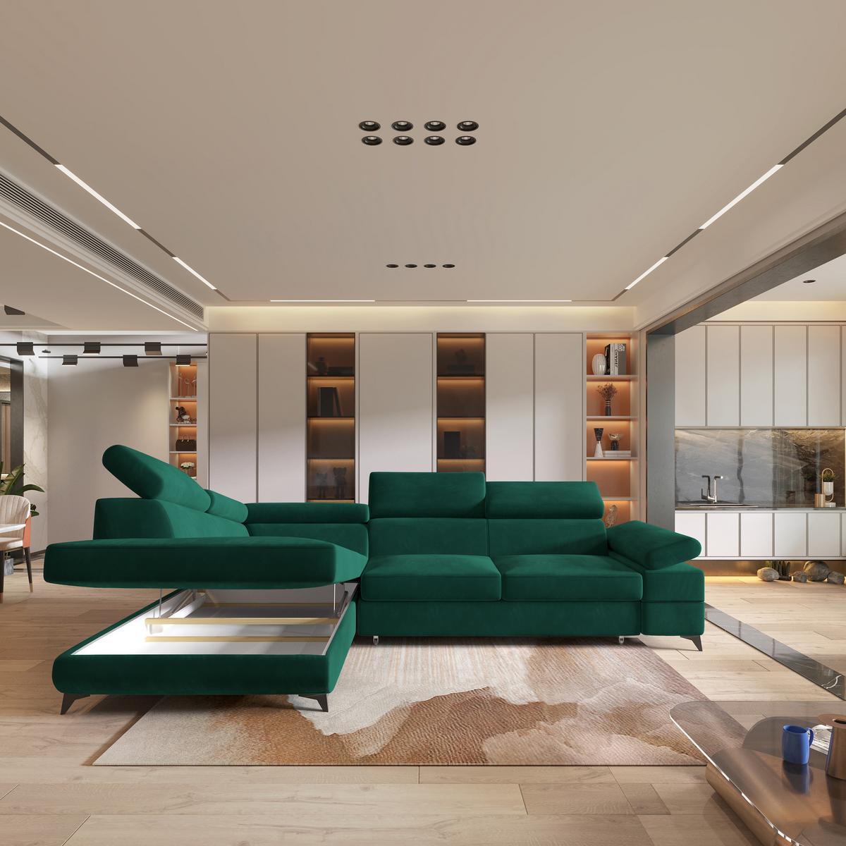 ECKSOFA FAVIEN L-S Grün Velours-Stoff mit Schlaffunktion - Grün, Holz (257/190cm) - MASSENO