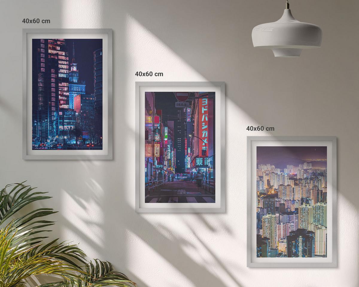 BILDER SET 3er Set - 40x60 cm Silberner Rahmen - Neonlichter der nächtlichen Stadt - Silberfarben, Kunststoff (40/60cm) - TULUP