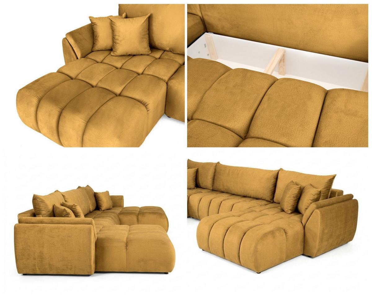 ECKSOFA Iris U mit Schlaffunktion und Bettkasten, U-Form – Senfgelb Samt 382/184/85 cm - Dunkelgelb/Schwarz, Kunststoff/Textil (382/184cm) - WFL GROUP