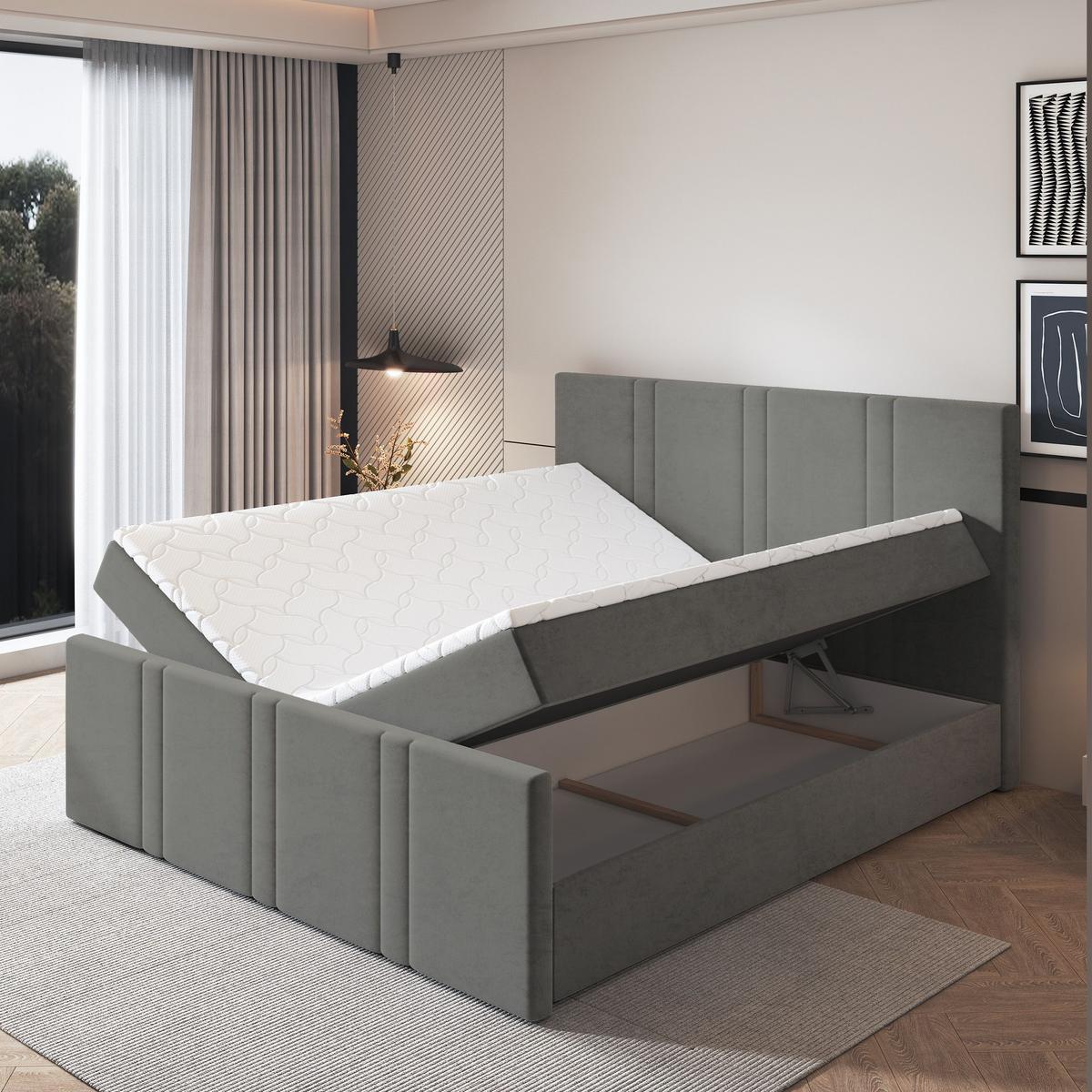 BOXBETT COMOZA 180x200 cm mit Matratze und Topper - Hellgrau - Hellgrau, Holz (180/200cm) - MASSENO