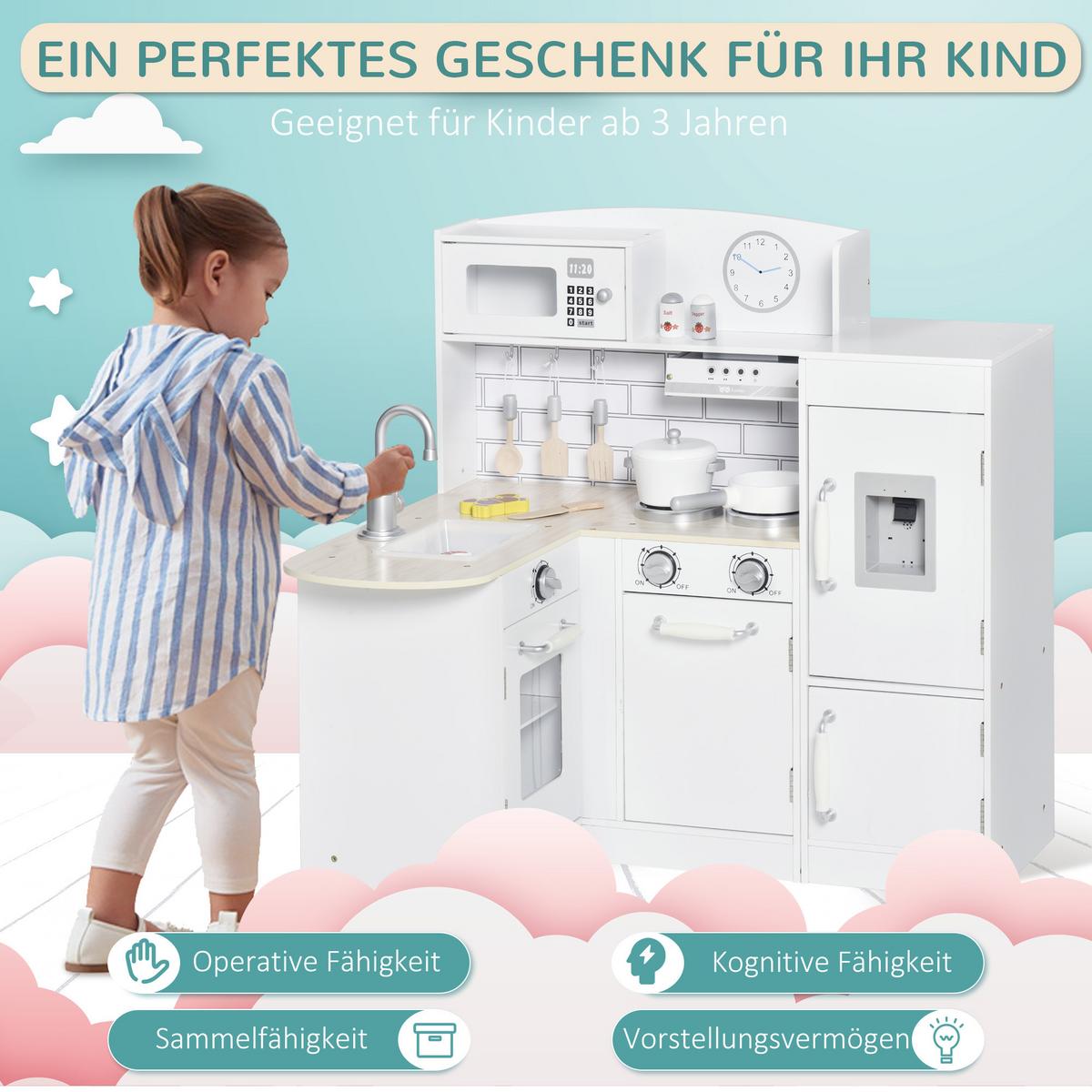 KINDERKÜCHE Spielküche mit elektronischem Wasserspender, Backofen, Weiß - Weiß, Holzwerkstoff (86/64/84.5cm) - HOMCOM