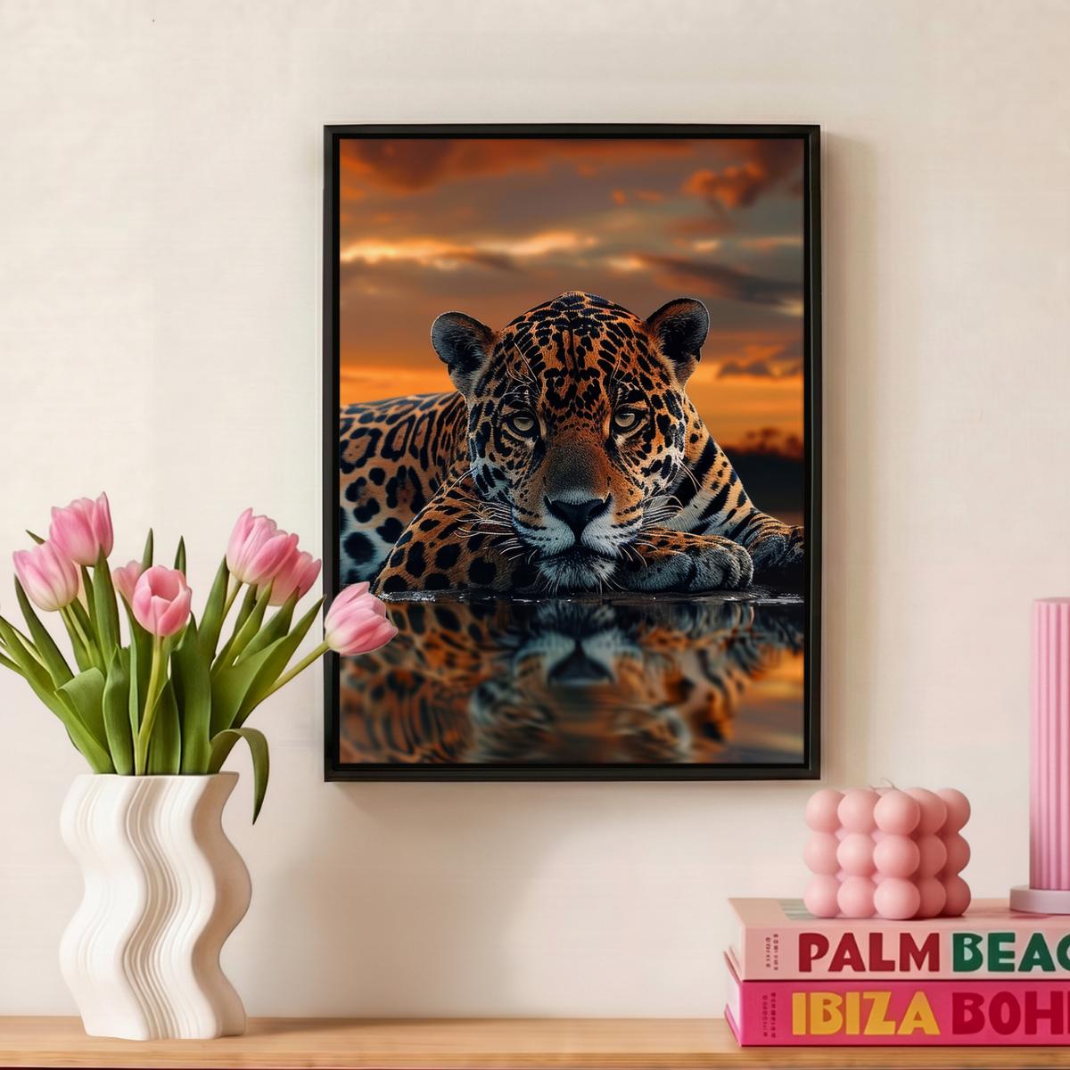 LEINWAND Bilder mit Rahmen - Natur - Leopard - Tier - Sonnenuntergang - Modern - 30x40 - Orange, Textil (30/40cm) - MuchoWow